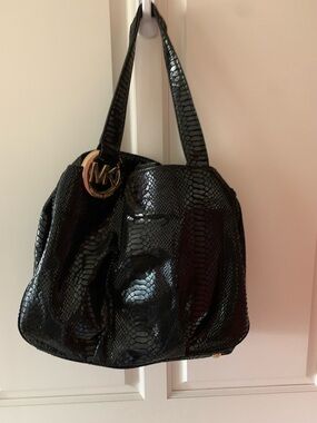 Michael Kors Black Leather in Snakeskin Design Handbag/Tote